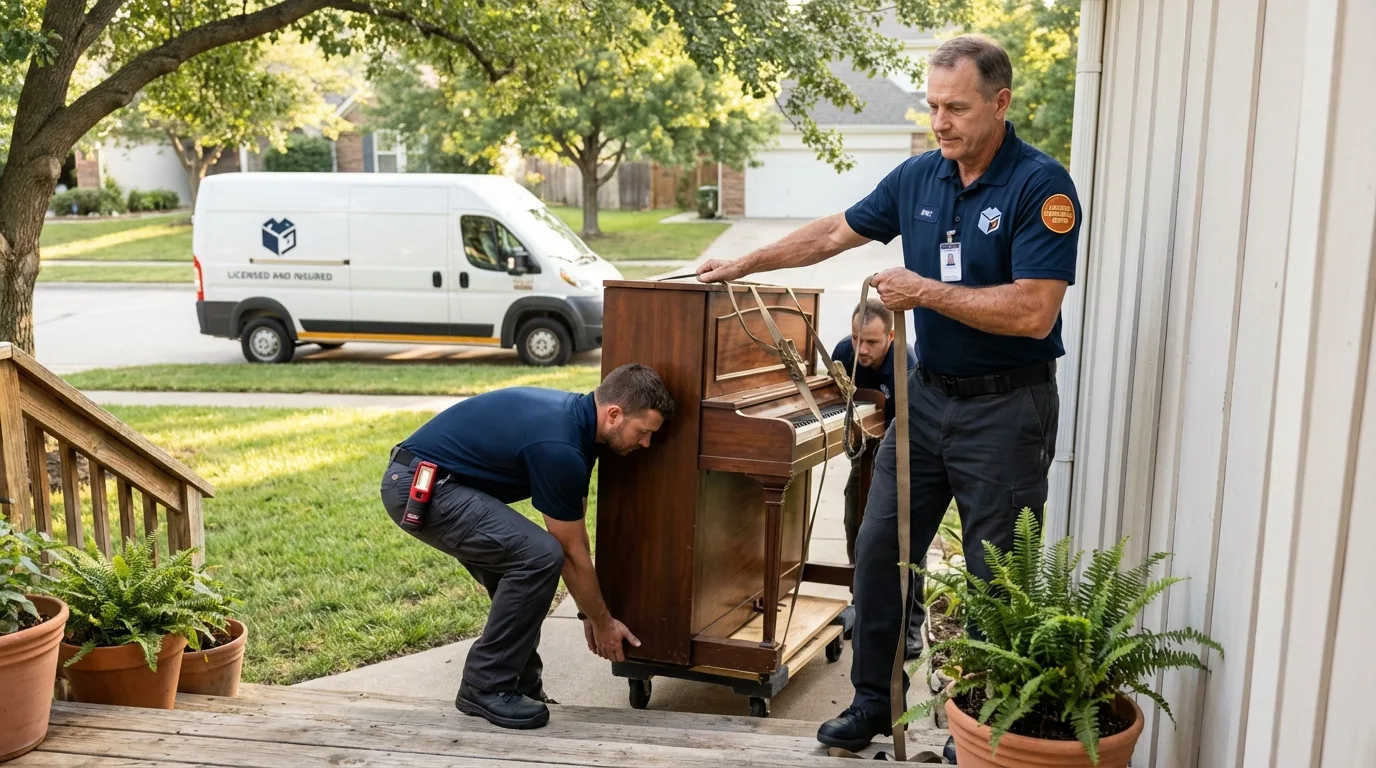 Licensed piano movers securing grand piano in Camden, SC
