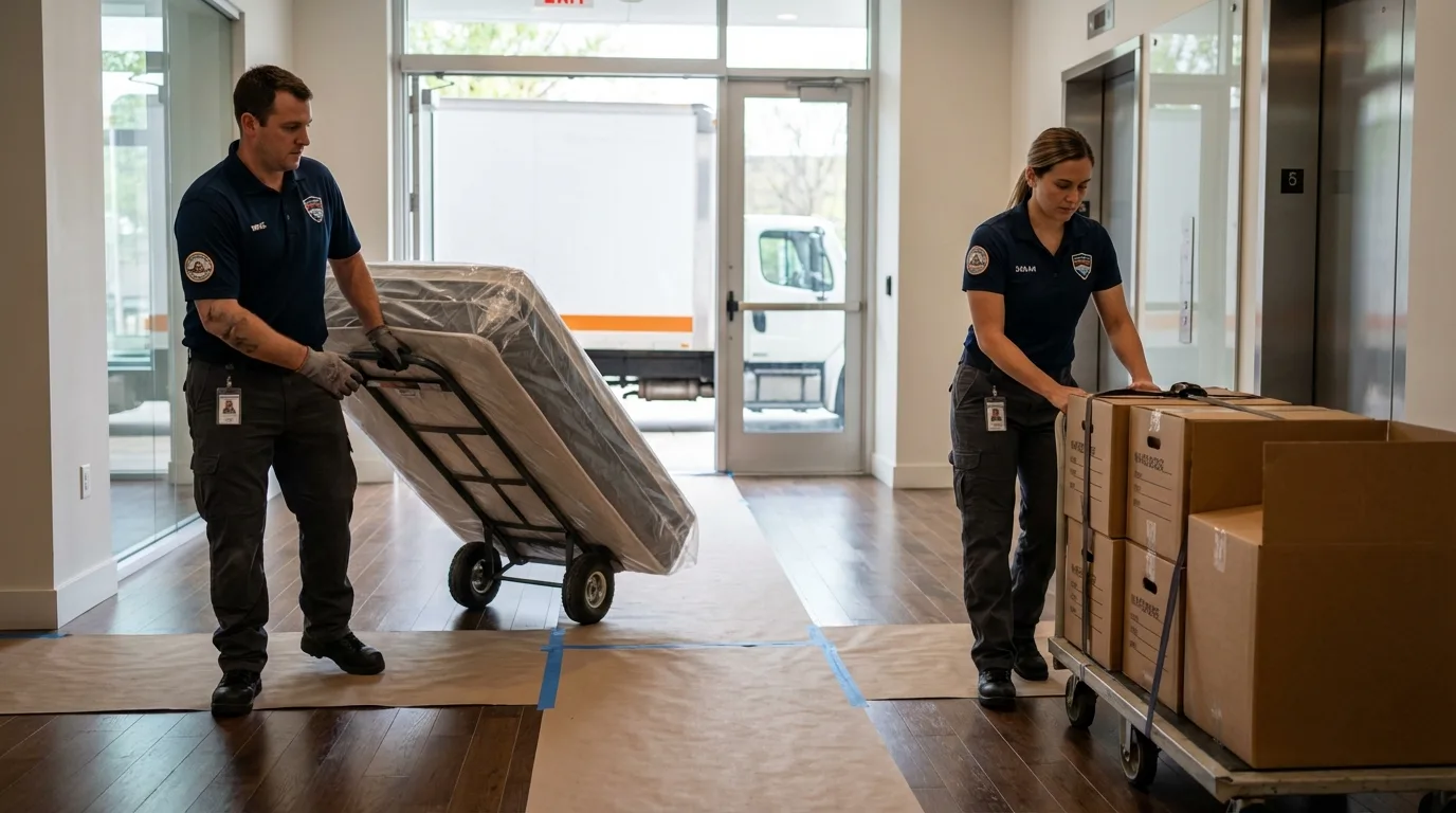Professional apartment movers loading elevator in Camden, SC